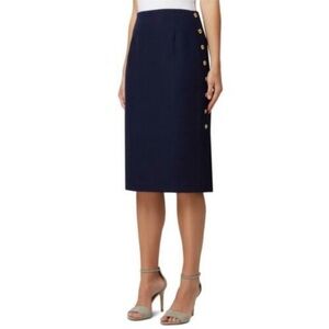 Tahari ASL Dark Blue Pencil Midi Skirt with Gold Side Buttons size 8